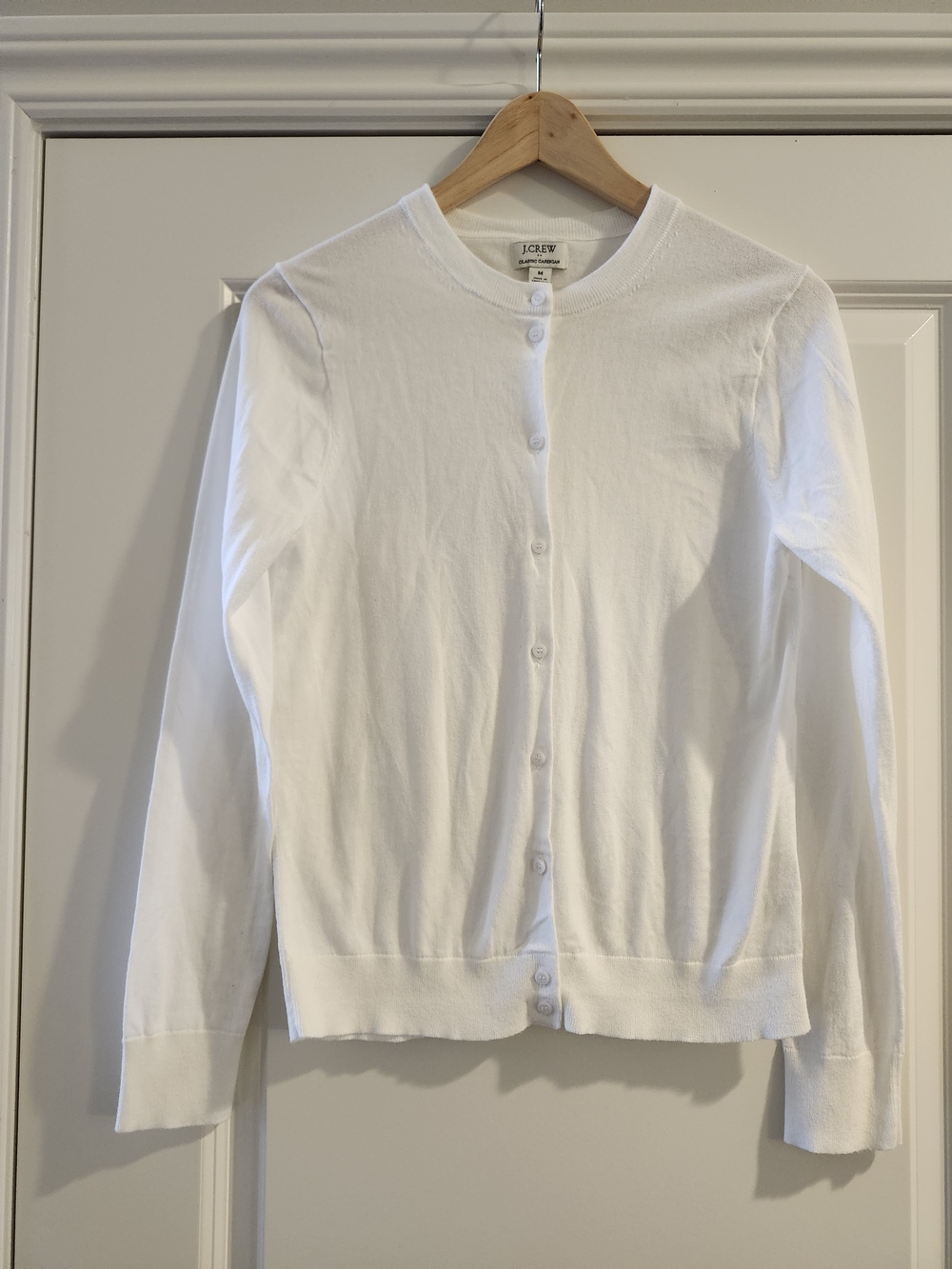 J.Crew Classic Cardigan White 100% Cotton Crewneck Button Front M - Picture 2 of 5